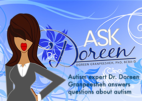 A caricature of  beautiful professional woman with lovely brunette hair on blue floral background with the words Autism Expert Dr. Doreen Granpeesheh answers questions about autism on Ask Dr. Doreen
