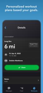 The image shows a picture of a smart phone interface that shows an individualized training session for a long run of 6 miles.