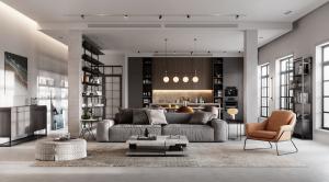 Feng Shui designed open living room and kitchen concept in light grey tones and neutral colors.
