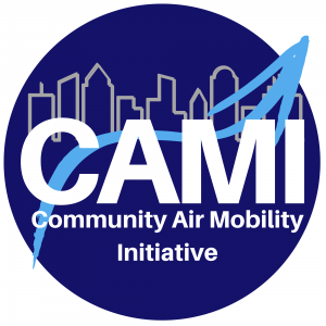 Community Air Mobility Initiative logo: blue circle with skyline, upwards arrow, and CAMI