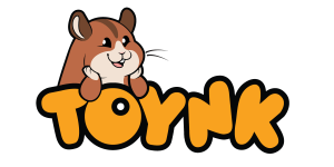 Toynk Logo in blue bubble letters featuring the brown hamster mascot Waffles on white background