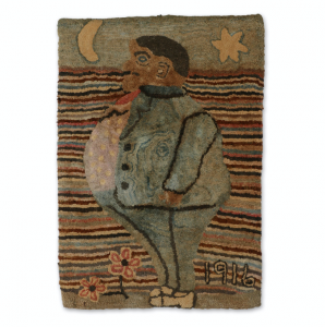 An iconic “Fat Man” hooked mat from 1916 sold for $17,700, an oil painting of a horse by J