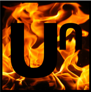 Logo for Unleashed, featuring black U and N on a background of fire