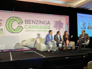 (L-R) Fyllo CEO Chad Bronstein, Driven Deliveries CEO Christian Schenk, and Akerna CEO Jessica Billingsley, are interviewed by moderator Mike Varney of Crowe during the Benzinga Cannabis Capital Conference in Miami Beach, Florida.