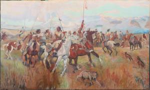 A large Native American-themed oil painting by Nevada gaming artist Franz Trevors sold for $6,250, an ornate sterling silvered Mexican Charro parade-style saddle used in the Pasadena Rose Parade around 1940 brought $4,500, and a collection of 45 Alaska tokens fetched $5,375 in Holabird Western Americana Collections’ four-day auction held Feb