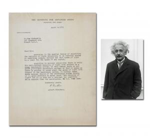 One-page typed letter signed by Albert Einstein and dated April 4, 1951, answering questions by science fiction writer Sam Moskowitz about intergalactic space travel (est. $80,000-$100,000).