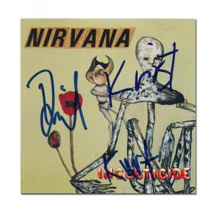 Band members Kurt Cobain, Dave Grohl and Krist Novoselic boldly signed the CD jacket for the grunge rock band Nirvana’s album Insecticide (est. $10,000-$11,000).
