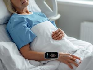 Continuous cardiac output monitor on a patient's wrist.