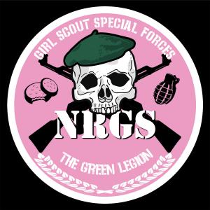 Pink circular seal with skull, green beret, two rifles crisscross behind skull. Text on seal says Girl Scout Special Forces, The Green Legion