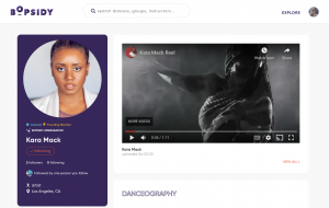 Image of a webpage with a circular profile picture of a Black woman on the left and a large, black and white video thumbnail showing her dancing with her head turned to the left side and her right arm stretched to the other side.