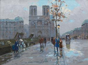 Oil on canvas depiction of Notre Dame by Andre Gisson (American/French, 1929-2003 (real name: Anders Gittelson), signed lower right (est. $1,000-$2,000).
