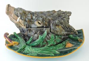 Monumental and exceedingly rare majolica boar's head tureen with matching fitted tray, no. 2141, 22 inches long (est. $40,000-$60,000).