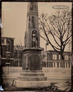 Digital image of a tintype of Civil War Monument in Glens Falls, NY made by Craig Murphy with Glens Falls Art logo.