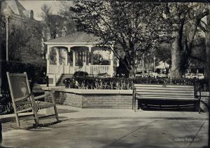 Digital image of a tintype of Glens Falls City Park gazebo, chair and a bench made by Craig Murphywith Glens Falls Art logo.