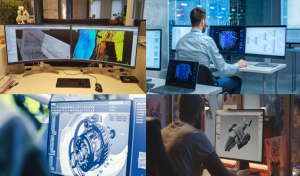 A collage of four pictures showing different computer graphics applications each displayed on a standard desktop monitor but accessed remotely