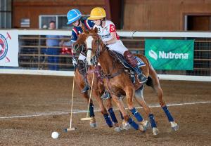Two women arena polo players from UCONN and Texas Tech vying for the ball in USPA National Collegiate Championship