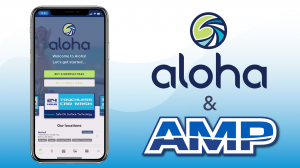 A screenshot of the Aloha AMP app and Aloha and AMP logos