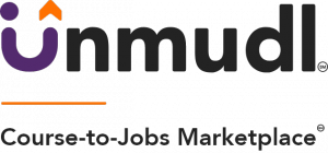A purple, orange, and black logo of Unmudl that reads "Course-to-Jobs Marketplace"