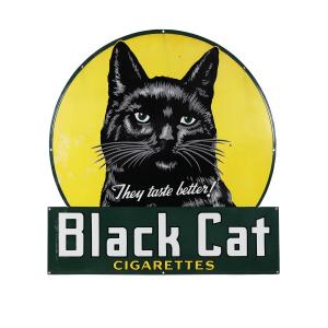 A made-in-Canada Black Cat Cigarettes porcelain sign from the 1940s, a Depression-era Pace’s Races 5-cent horse race slot machine, and an early 20th century C