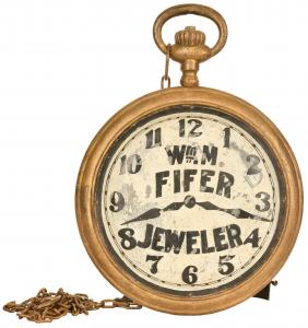 William M. Fifer Jeweler sign that appears to be made of zinc and displays well, boasting a great look, with a chain, rated 7.5.
