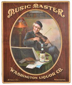 Self-framed, single-sided tin sign for the Music Master Washington Liquor Company in Spokane, Washington, graded 9.25.