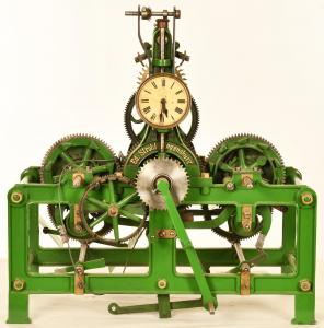 Tower clock mechanism, German in construction with heavy metal construction, having a slave clock with good face and hands, functioning, rated 8.75-9.