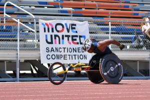 A wheelchair racer competing on the track