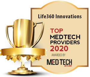 Image of a trophy recognizing Life360 Innovations as an award recipient as Top Innovator in 2020 by Medtech Outlook Magizine
