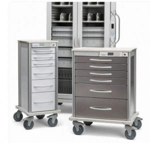 A stainless steel Pace medical cart, roam cart, and tall Pace cart all with InterConnect locks.
