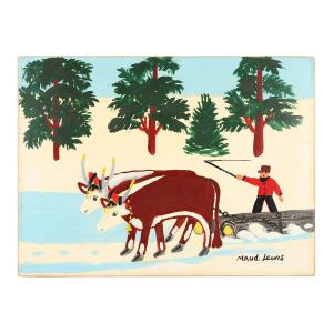 Oil paint on board painting by Canadian folk artist Maud Lewis (1901-1970), titled Oxen Pulling Logs (1967), artist signed (CA$88,500).