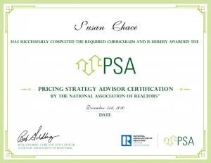 Susan Chace with Your Home Sold Guaranteed Realty has earned the nationally recognized Pricing Strategy Advisor (PSA) certification