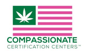 COMPASSIONATE CERTIFICATION CENTERS™, (www pink and green flag with weed leaf emblem
