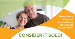 Photo of two older adults on a flyer that promotes webinar for real estate trends and home selling for senior living move