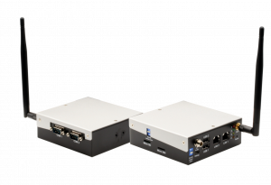 AAEON, an industry leader in Edge Computing solutions, announces the SRG-3352C Compact Edge IoT Gateway System The image shows the SRG-3352C system in two views, front and rear, displaying it's I/O ports and antenna layout.