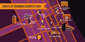 This is a map of the Ghost's of Savannah haunted walking tour.  It shows the map illustrating the path the tour takes and stops on the tour.  The haunted stops include squares, hotels, cemetery and haunted spots in savannah Georgia.