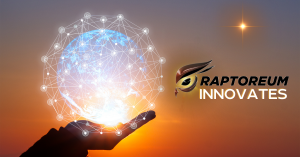 Raptoreum Innovates with hand holding world showing reach in polygon effect.