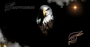 Raptoreum Neon logo, Raptoreum white outline logo and white crested Raptor bird looking forward with black background
