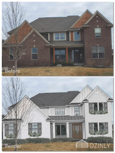 Top image shows a tired red brick house with small windows and a dark entryway.  Bottom image shows this house transformed by Dzinly with new paint, bigger windows, a new entryway and flower boxes. 