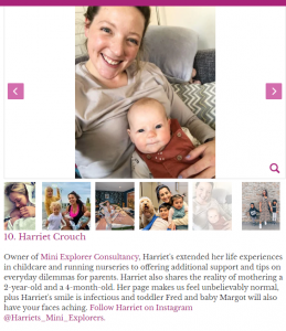 Photo from Mother and Baby Influencer Mum list 2021 with parenting coach Harriet Crouch and baby Margot with details about her Mini Explorer Childcare Consultancy and toddler son Fred