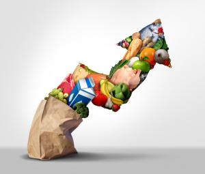 Rising grocery prices and surging cost of supermarket groceries as an inflation financial crisis concept and the rise of food costs as milk meat and eggs coming out of a paper bag shaped as an arrow with 3D render elements