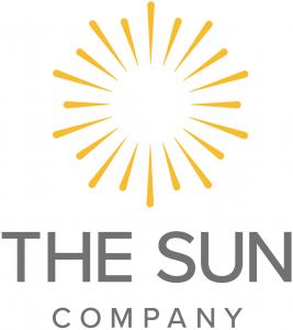 A yellow starburst illustration with The Sun Company written cleanly in Grey