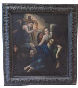 Early 18th century oil on canvas religious painting by an unknown Mexican artist, titled Jesus’s Agony at the Gethsemane
