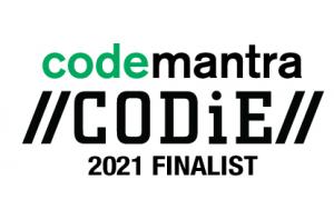 A banner in which the logo of the company, codemantra, is placed above the 'CODiE Award Finalist' logo