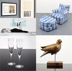 You can find feminist icons in the pages of magazines…or you can find them in charge of magazines Photo of four items from the Paige Rense Noland estate: signed photos of powerful women, Tiffany champagne glasses for Architectural Digest, a comfortable chair and a bird sculpture.