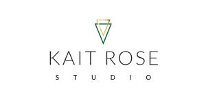 Photo shows the Kait Rose Studio Double Triangle Logo in green and gold, with the company name in a slim modern black font