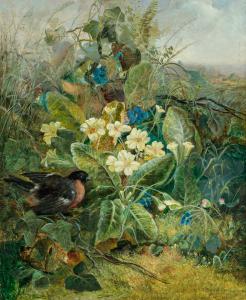 Oil on canvas by Fidelia Bridges (American, 1834-1923), titled Rose Breasted Grosbeak in a Thicket ($80,000)