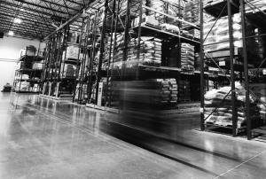Black and white image of PetDine's warehouse.