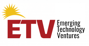 A logo graphic containing the letters E T V in bold capital crimson colors with a yellow icon of a sunrise appears over the E. In black letters, the name "Emerging Technology Ventures Inc." appear on the side. This is the corporate logo for New Mexico-bas