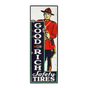 Canadian 1930s Goodrich Tires “Mountie” porcelain sign, 56 inches by 20 inches (CA$16,520).