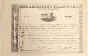 California Gold Rush-era bond signed by Cornelius Vanderbilt as president of the Accessory Transit Company of Nicaragua, issued in 1856 ($11,250).